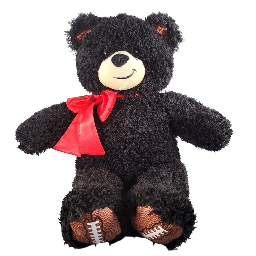 Build-A-Bear Black Plush Bear with Football Feet Red Bow 16" Stuffed Animal